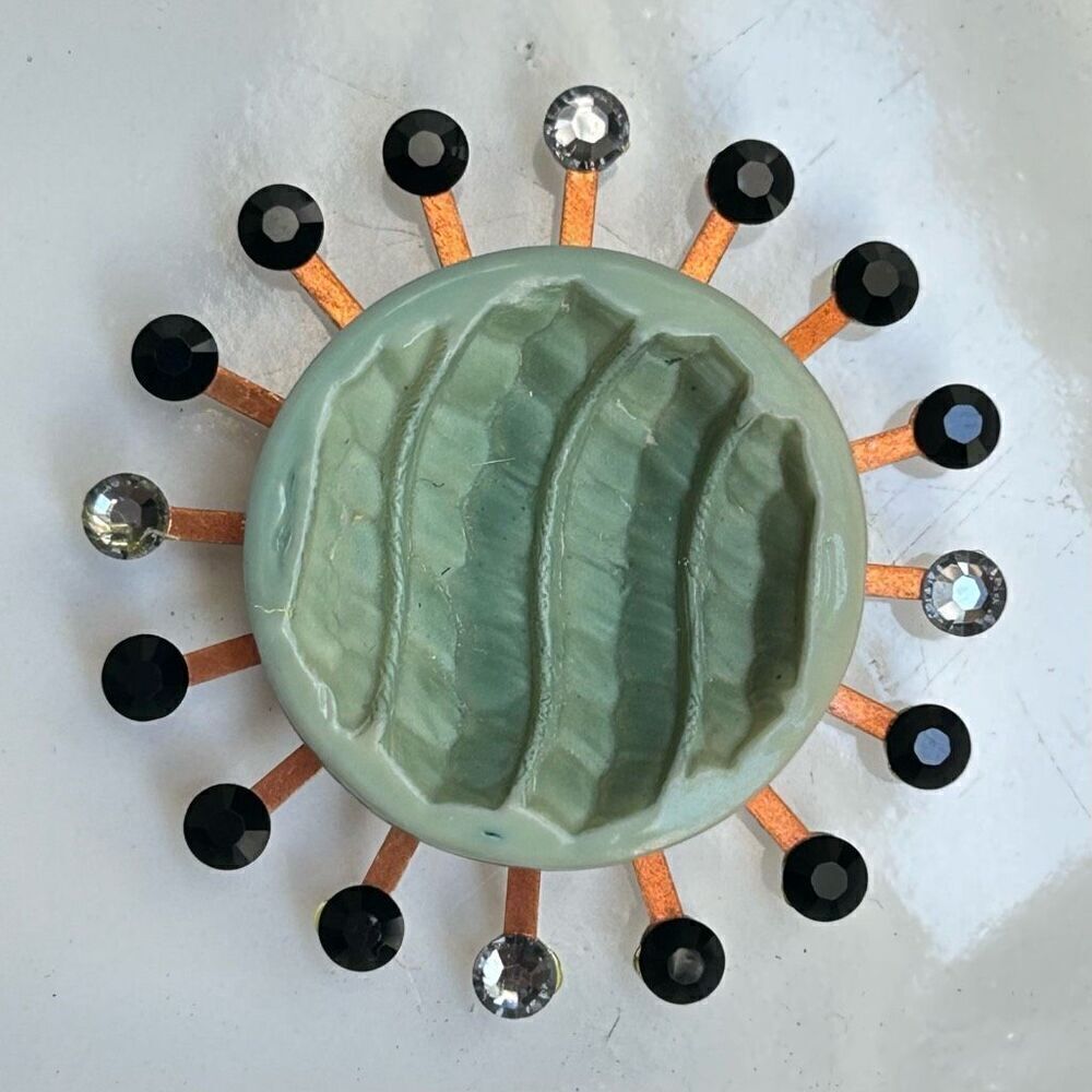 Vintage Upcycled Atomic Starburst Refrigerator Magnet Buttons Rhinestones Green